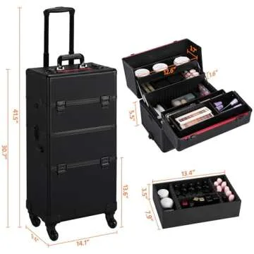 Yaheetech Makeup Train Case 3 in 1 Professional Cosmetic Trolley Multi-Functional Organizers Large Storage Traveling Cart Trunk for Nail Tech - Black