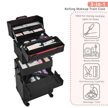 Yaheetech Makeup Train Case 3 in 1 Professional Cosmetic Trolley Multi-Functional Organizers Large Storage Traveling Cart Trunk for Nail Tech - Black