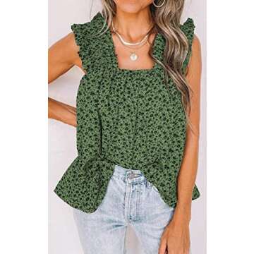 PRETTYGARDEN Boho Floral Tank Tops for Women, Shirred Straps Pleated Summer Casual Sleeveless Shirts...