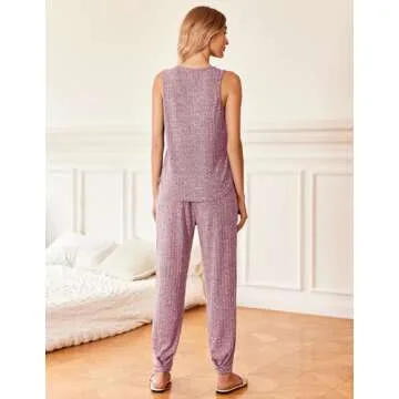 Ekouaer Women's Pajamas Sleeveless Summer Lounge Set Ribbed Knit Pj Loungewear Soft Tank Sleepwear Nightwear Deep Pink Small