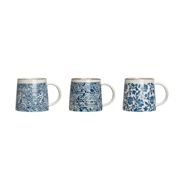 Creative Co-Op Blue & White Hand-Stamped Stoneware Mug Set with Gold Rim