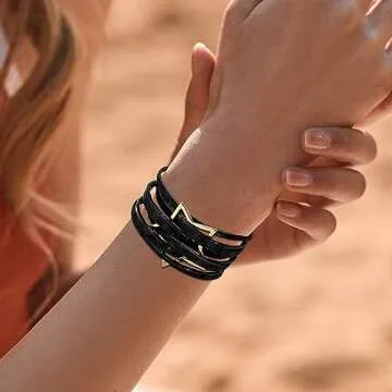 Fesciory Leopard Bracelet for Women, Boho Leather Wrap Multi-Layer Pearl Crystal Bracelet Bangle Jewelry (B42:Star Leather(Black))