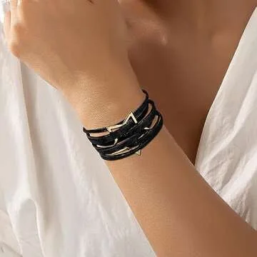 Fesciory Leopard Bracelet for Women, Boho Leather Wrap Multi-Layer Pearl Crystal Bracelet Bangle Jewelry (B42:Star Leather(Black))