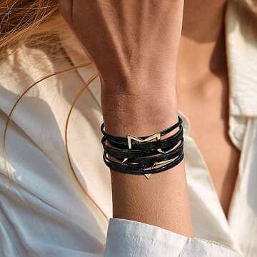 Fesciory Leopard Bracelet for Women, Boho Leather Wrap Multi-Layer Pearl Crystal Bracelet Bangle Jewelry (B42:Star Leather(Black))