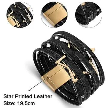 Fesciory Leopard Bracelet for Women, Boho Leather Wrap Multi-Layer Pearl Crystal Bracelet Bangle Jewelry (B42:Star Leather(Black))