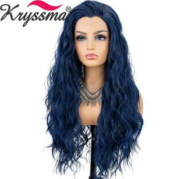 K'ryssma Blue Lace Front Wigs Wavy Long Widow's Peak Blue Synthetic Wig Heat Resistant Half Hand Tie...
