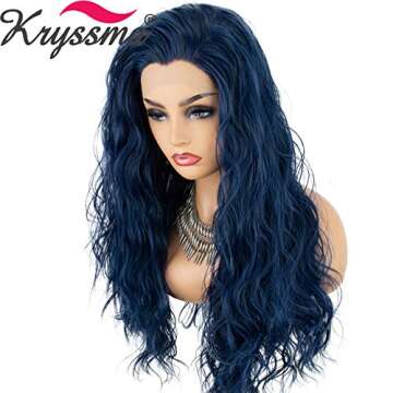 K'ryssma Blue Lace Front Wigs Wavy Long Widow's Peak Blue Synthetic Wig Heat Resistant Half Hand Tied Blue Lace Wig 22 inches