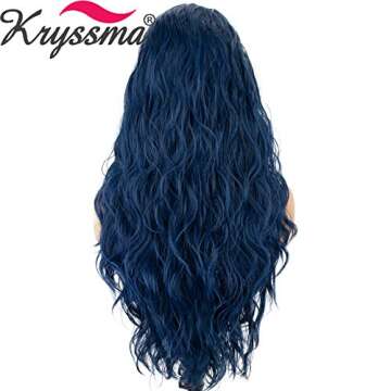 K'ryssma Blue Lace Front Wigs Wavy Long Widow's Peak Blue Synthetic Wig Heat Resistant Half Hand Tied Blue Lace Wig 22 inches