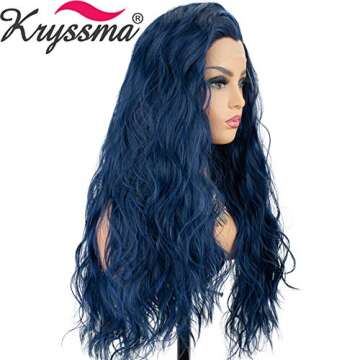 K'ryssma Blue Lace Front Wigs Wavy Long Widow's Peak Blue Synthetic Wig Heat Resistant Half Hand Tied Blue Lace Wig 22 inches