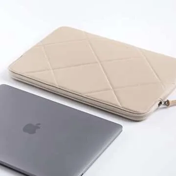 Comfyable Slim Cute Laptop Sleeve 13 Inch 14 Inch Compatible for MacBook Air M2 M1, MacBook Pro 13-14 Inch M4 M3 M2 M1, Quilted Faux Leather Computer Carrying Mac Case, Beige