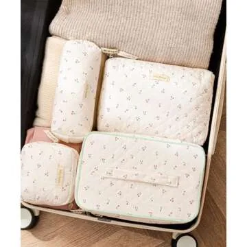 HBselect 4Pcs Cotton Quilted Makeup Bag Coquette Makeup Bag Large Travel Cosmetic Bag Aesthetic Cute Kawaii Cherry Makeup Bag Toiletry Bags Coin Purse for Women Girls