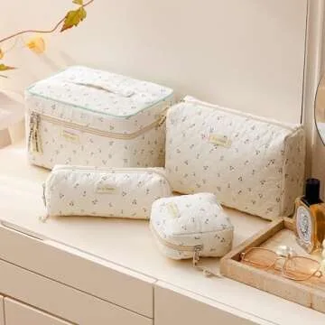 HBselect 4Pcs Cotton Quilted Makeup Bag Coquette Makeup Bag Large Travel Cosmetic Bag Aesthetic Cute Kawaii Cherry Makeup Bag Toiletry Bags Coin Purse for Women Girls