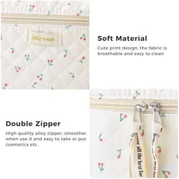 HBselect 4Pcs Cotton Quilted Makeup Bag Coquette Makeup Bag Large Travel Cosmetic Bag Aesthetic Cute Kawaii Cherry Makeup Bag Toiletry Bags Coin Purse for Women Girls