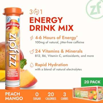 Zipfizz Daily Energy Drink Powder, Peach Mango, 20 Pack | 3-in-1 Sustained Energy, Rapid Hydration, ...