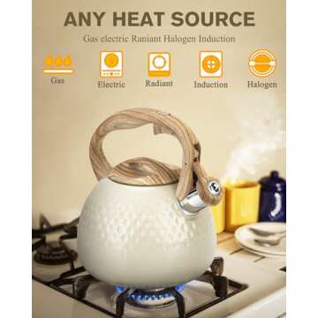 Hauce Radio Tea Kettle Stovetop Teapot, 2.5 Quart Loud Whistle Food Grade Stainless Steel and Smooth Wood Pattern Handle, Sophisticated Look for Hiking, Picnic, for Tea, Coffee Milky White