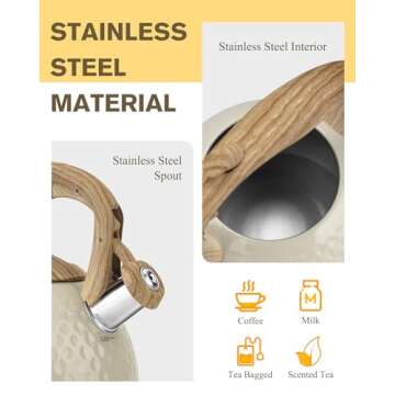 Hauce Radio Tea Kettle Stovetop Teapot, 2.5 Quart Loud Whistle Food Grade Stainless Steel and Smooth Wood Pattern Handle, Sophisticated Look for Hiking, Picnic, for Tea, Coffee Milky White