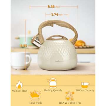 Hauce Radio Tea Kettle Stovetop Teapot, 2.5 Quart Loud Whistle Food Grade Stainless Steel and Smooth Wood Pattern Handle, Sophisticated Look for Hiking, Picnic, for Tea, Coffee Milky White