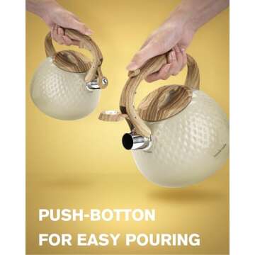 Hauce Radio Tea Kettle Stovetop Teapot, 2.5 Quart Loud Whistle Food Grade Stainless Steel and Smooth Wood Pattern Handle, Sophisticated Look for Hiking, Picnic, for Tea, Coffee Milky White