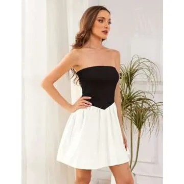 OLAPTA Women Strapless Tube Top Mini Dress Off Shoulder Sleeveless Casual Summer Patchwork Drop-Waist A-line Short Dresses(Medium,Black and White)