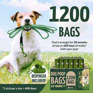 Reli. Biodegradable Dog Poop Bags w/Holder (1200 Count - 80 Rolls Bulk) | Leash Clip Dispenser | 9x1...