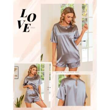 Leikar Silk Pajamas for Women Short Sleeve 2 piece Pajama Set Soft Pajama Casual Loungewear Gray