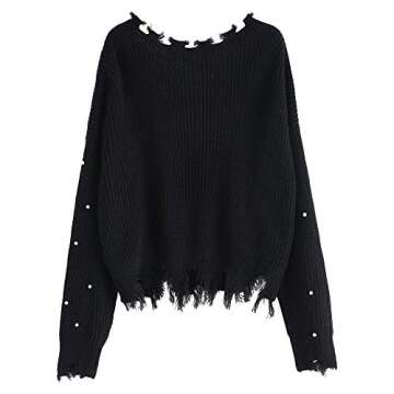 ZAFUL Women's Solid V Neck Loose Sweater Long Sleeve Ripped Jumper Pullover Knitted Crop Top (Black-Faux Pearls)