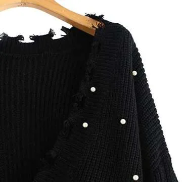 ZAFUL Women's Solid V Neck Loose Sweater Long Sleeve Ripped Jumper Pullover Knitted Crop Top (Black-Faux Pearls)