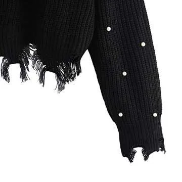 ZAFUL Women's Solid V Neck Loose Sweater Long Sleeve Ripped Jumper Pullover Knitted Crop Top (Black-Faux Pearls)