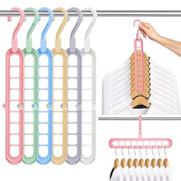 Space Saving Hangers for Clothes - 6 in Pack, Multicolor, Heavy Duty Plastic Hanger Organizer with 9...