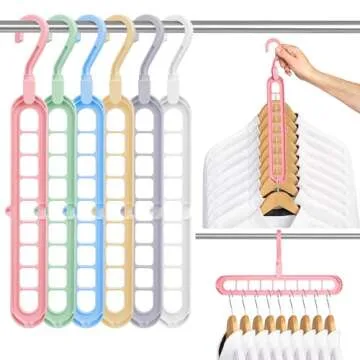Space Saving Hangers for Clothes - 6 in Pack, Multicolor, Heavy Duty Plastic Hanger Organizer with 9...