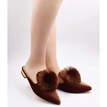 Emiwey Women's Backless Comfort Slip On Loafers Flats Cute Pom Pom Mule Slippers Casual Shoes Brown 7 M US