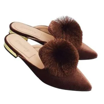 Emiwey Women's Backless Comfort Slip On Loafers Flats Cute Pom Pom Mule Slippers Casual Shoes Brown 7 M US