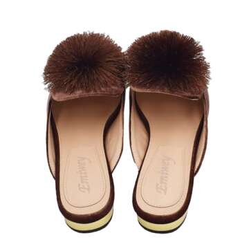 Emiwey Women's Backless Comfort Slip On Loafers Flats Cute Pom Pom Mule Slippers Casual Shoes Brown 7 M US