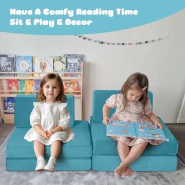 MeMoreCool Modular Kids Play Couch Sofa, 8-Piece Convertible Turquoise Toddler Sofa Play Set for Playroom and Baby