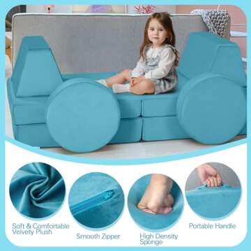 MeMoreCool Modular Kids Play Couch Sofa, 8-Piece Convertible Turquoise Toddler Sofa Play Set for Playroom and Baby