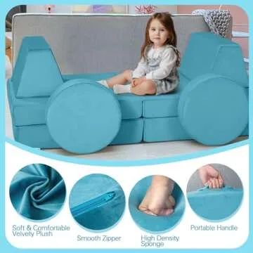 MeMoreCool Modular Kids Play Couch Sofa, 8-Piece Convertible Turquoise Toddler Sofa Play Set for Playroom and Baby