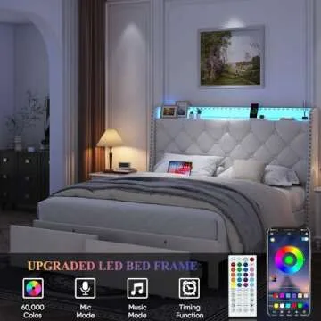 TIGUBFRE Full Size Bed Frame with LED Lights, Drawers, Upholstered Bed Frame with Wingback Button Tufted Headboard, Wood Slats Support, Easy Assembly, No Box Spring Needed, Beige