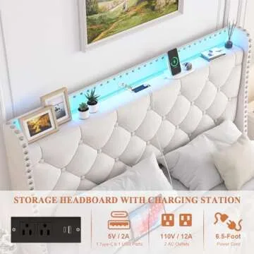 TIGUBFRE Full Size Bed Frame with LED Lights, Drawers, Upholstered Bed Frame with Wingback Button Tufted Headboard, Wood Slats Support, Easy Assembly, No Box Spring Needed, Beige