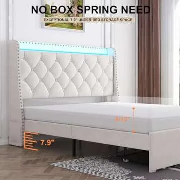 TIGUBFRE Full Size Bed Frame with LED Lights, Drawers, Upholstered Bed Frame with Wingback Button Tufted Headboard, Wood Slats Support, Easy Assembly, No Box Spring Needed, Beige