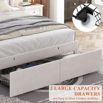 TIGUBFRE Full Size Bed Frame with LED Lights, Drawers, Upholstered Bed Frame with Wingback Button Tufted Headboard, Wood Slats Support, Easy Assembly, No Box Spring Needed, Beige