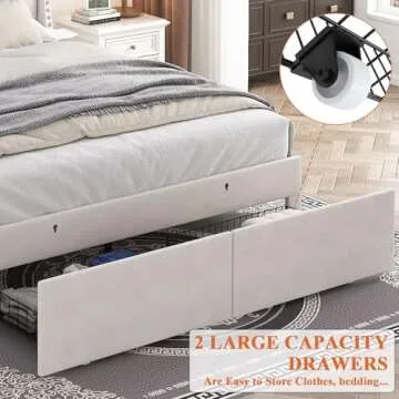 TIGUBFRE Full Size Bed Frame with LED Lights, Drawers, Upholstered Bed Frame with Wingback Button Tufted Headboard, Wood Slats Support, Easy Assembly, No Box Spring Needed, Beige