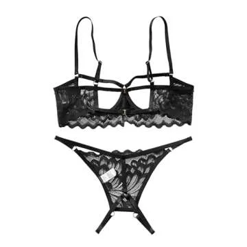 Lilosy Petite Women's Sexy Underwire Floral Lace Sheer Lingerie Set See Through Bra and Panty 2 Piece Black XXX-Small