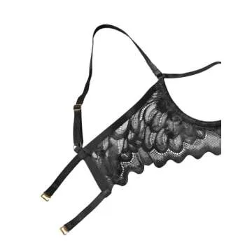 Lilosy Petite Women's Sexy Underwire Floral Lace Sheer Lingerie Set See Through Bra and Panty 2 Piece Black XXX-Small