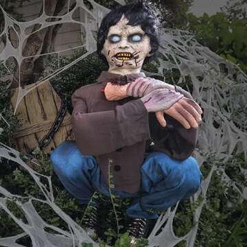 Haunted Hill Farm Crouching Limb Eater Zombie Boy by Tekky, Motion-Activated Halloween Animatronics for Indoor or Covered Outdoor Display, Creepy Halloween Prop, Plug-in or Battery Operated