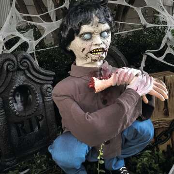 Haunted Hill Farm Crouching Limb Eater Zombie Boy by Tekky, Motion-Activated Halloween Animatronics for Indoor or Covered Outdoor Display, Creepy Halloween Prop, Plug-in or Battery Operated