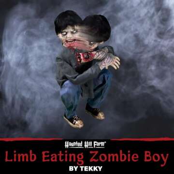 Haunted Hill Farm Crouching Limb Eater Zombie Boy by Tekky, Motion-Activated Halloween Animatronics for Indoor or Covered Outdoor Display, Creepy Halloween Prop, Plug-in or Battery Operated