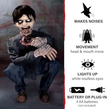 Haunted Hill Farm Crouching Limb Eater Zombie Boy by Tekky, Motion-Activated Halloween Animatronics for Indoor or Covered Outdoor Display, Creepy Halloween Prop, Plug-in or Battery Operated