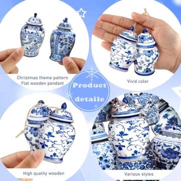 40 Pieces Wooden Christmas Ginger Jar Ornaments Christmas Chinoiserie Hanging Decor Blue and White C...