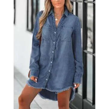 CUPSHE Womens Denim Shirt Dress Long Sleeve Button Down Casual Loose 2024 Fall Jean Dresses with Poc...