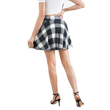 DJT Women Plaid Skirts Soft Stretchy High Waist Flared A-Line Mini Skater Skirt with Shorts L Black White Plaid